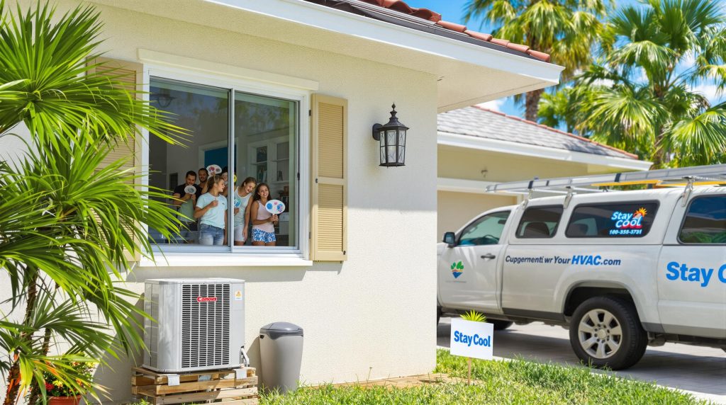 Family in Florida home and AC unit with 'Stay Cool' sign