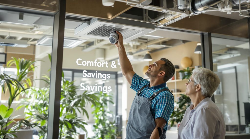 Florida business lobby with HVAC technician and owner discussing system maintenance